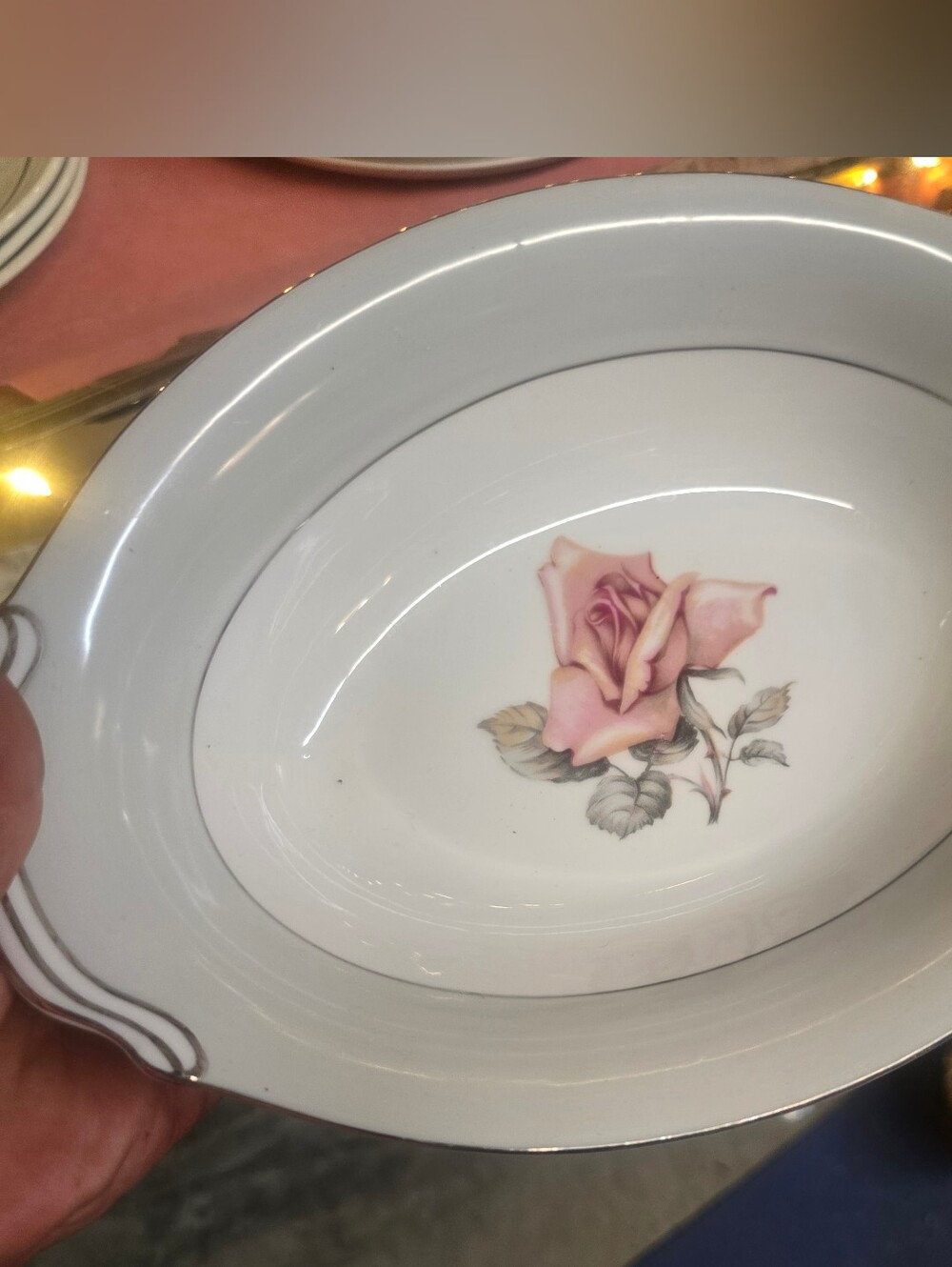 Halsey Porcelain China Serving Bowl Demasck Rose Patter Silver Trim Approx 9 In